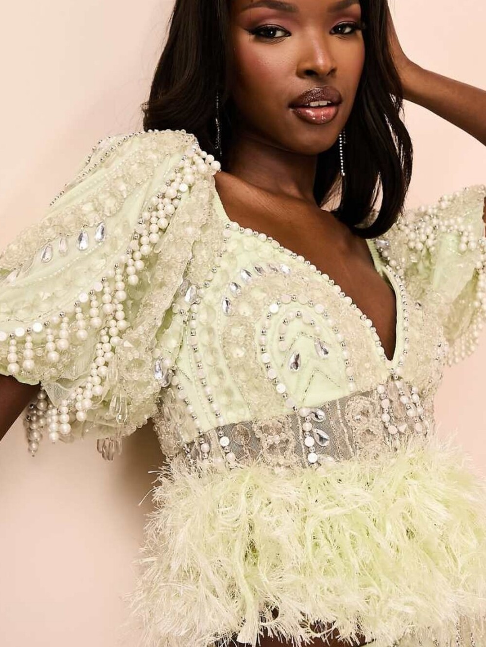 Heavy Beaded Pearl Feather Fringe Embellished Puff Sleeve Top - ASOS LUXE Curve